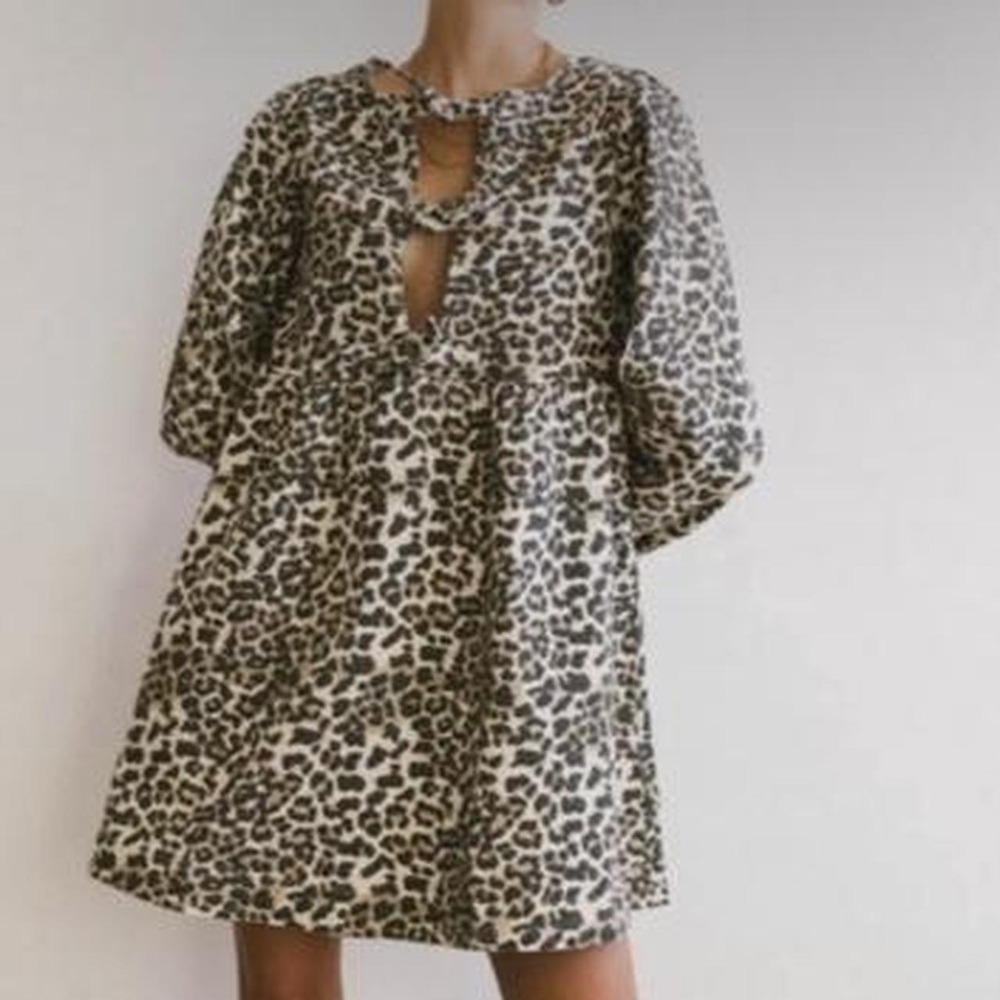 Böhme Tyler Peplum Mini Dress Leopard Bow Front Babydoll XS